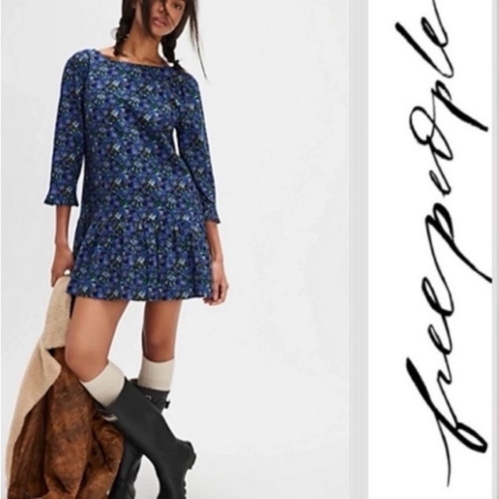 Free People The Avenue Mini Navy Blue Floral Dress Size Large